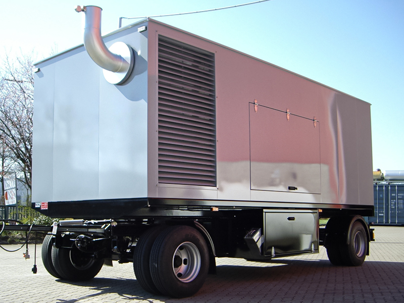 370 kVA 2-Achs Anhänger mit Zwillingsbereifung, mit Russfilter und Motorsanftanlauf